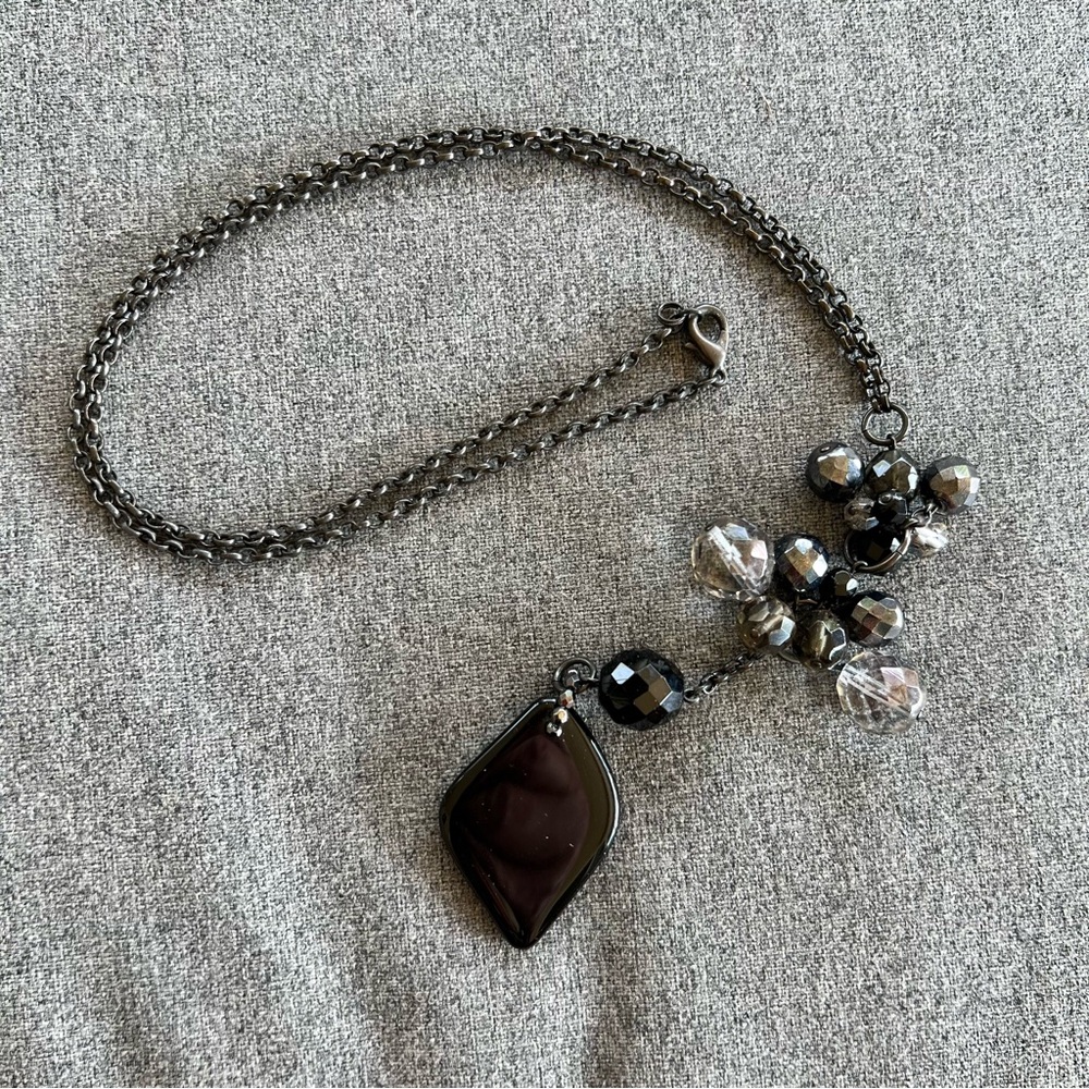 Oxidized Silvertone Chain w Clear & Black Faceted  Beaded Pendant Necklace 24”